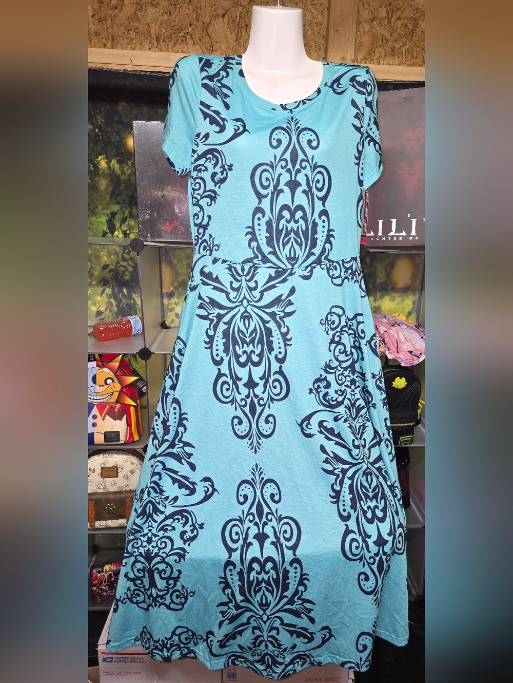 #43 Aqua Blue Midi Dress with Navy Scroll Motif